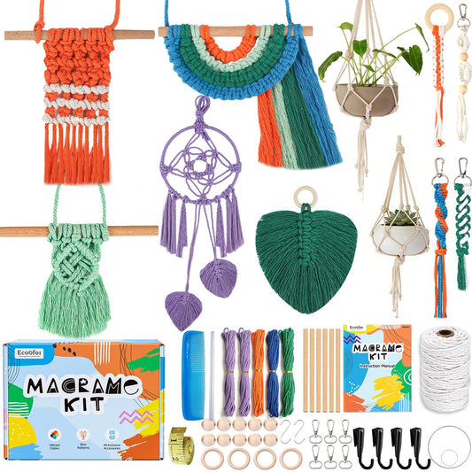 Ecoofor Macrame Kits for Beginners with 366 Feet 3 mm Macrame Cotton Cord, DIY Plant Hanger Kit with Supplies and Instructions, Macrame Beads, Wooden Rings, Dream Catcher Rings
