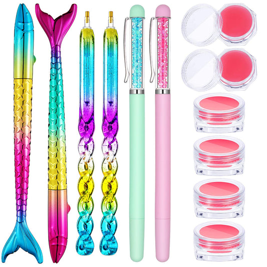 12 Piece Diamond Painting Tool, Include 6 Piece Mermaid Point Drill Pens Classic Point Drill Pen Spiral Diamond Painting Pen, 6 Piece Diamond Painting Wax Storage Case Full of Glue Clay (Pink)