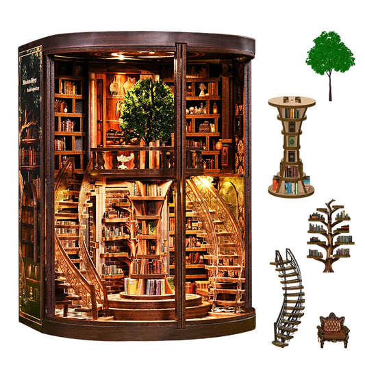 Book Nook Kit for Adult-3D Wooden Puzzles Miniature Library Bookshelf Insert Bookend Decor，Adult Miniature Model with LED Light and Dust Cover, Touch Switch, Adult Craft Kits Gift