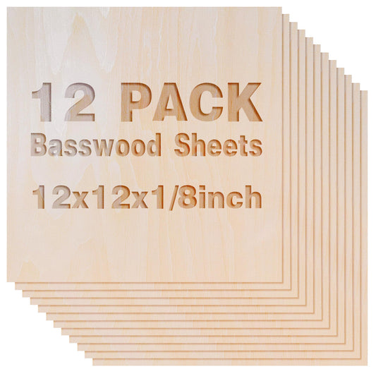 12 Pack Basswood Sheets 1/8x12x12 Inch, Unfinished Wood for Crafts, 3mm Basswood for Laser Cutting Engraving, Wood Burning, Architectural Models, Plywood Board for Painting. (12x12x1/8inch)