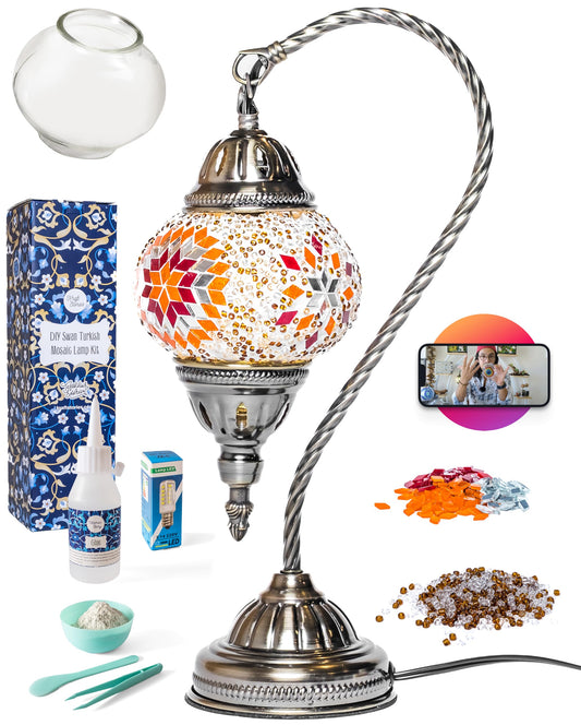 KRAFTSTORIES Turkish Mosaic Swan Neck Lamp Making Kit| DIY Colorful Glass Decorative Nightstand Table Light| Craft Kit |Make Your Own Lamp | Living Room Bedroom | Antique Bronze Base (Sunset)