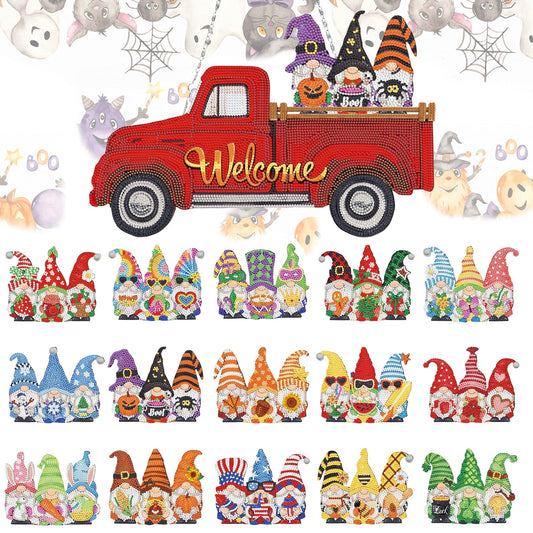 APCGSM 16PCS Interchangeable Diamond Painting Welcome Sign for Front Door Holiday Gnome Decor Red Truck Hanging Sign Diamond Art Painting Kits for Adults Interchangeable Seasonal Decor for Home Wall