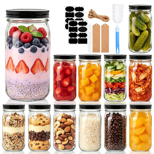 QAPPDA 32 OZ Glass Jars with Lids Set of 12,Clear Wide Mouth 1000ML Glass Mason Jar with Airtight Lid,Durable Glass Food Storage Canning Jars for Pickles,Jams,Preserving