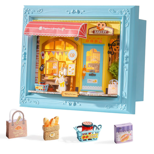 ROBOTIME 3D Puzzle DIY Miniature House Kit for Adults, a Fluffy Cat Bakery-Themed Wooden Dollhouse with Photo Frame, Tiny Building Set Model for Family Crafting & Holiday Decorative Gifts