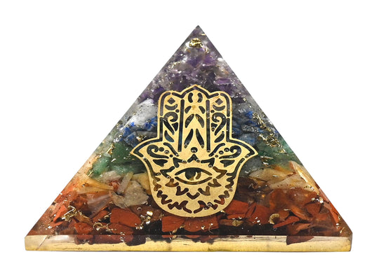Amazing Gemstone Large Orgone Pyramid | Natural Chakra Pyramid Crystal | Hamza Hand Evil Eye Orgonite Pyramid | Organ Pyramids Positive Energy Healing