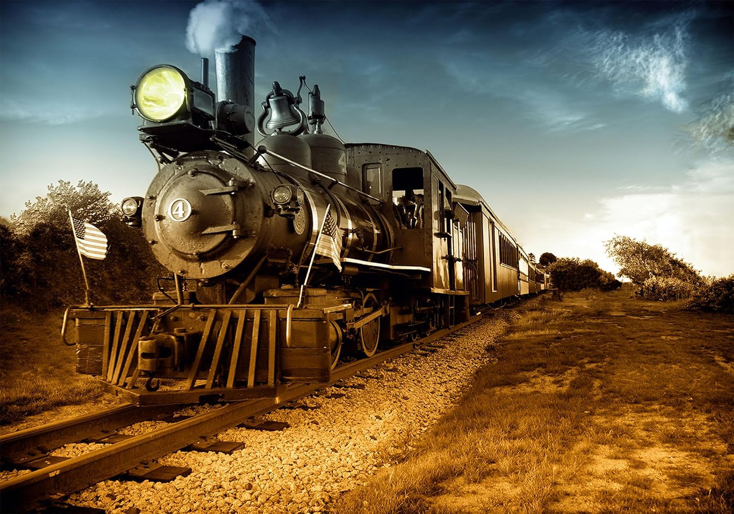 SHDASMIL 5X3ft Sunset Fabric Vintage Steam Locomotive Backdrop Train Tracks Background Western Cowboy Birthday Party