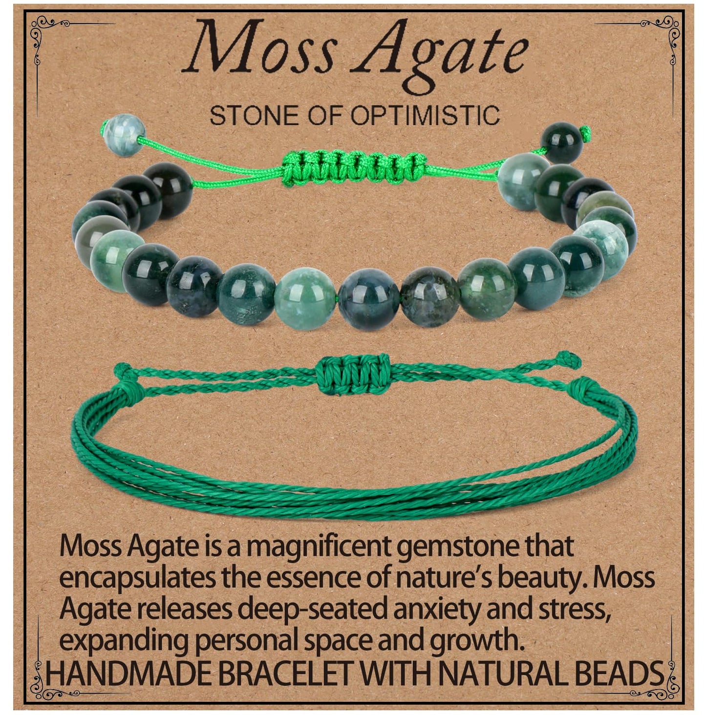 LPBeads 8mm Moss Agate Bracelet with Handmade Rope Bracelet Size Adjustable Natural Stone Crystal Healing Bracelets Gifts for Unisex Adults