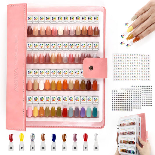 ANGNYA Magnetic Nail Swatch Book, 192 Nail Color Book Leather Nail Sample Display Book with192 Magnetic Tips&1-240 Number Labels, Perfect for Professional Salon Nail Art Color Chart & Practice Stand
