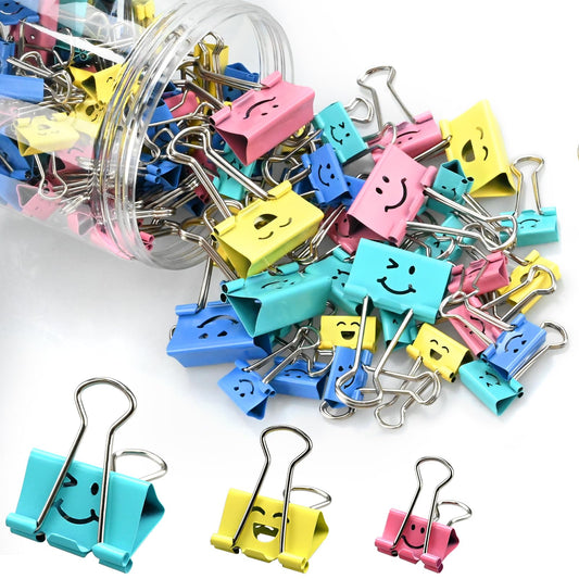 100 Pack Binder Clips Paper Clamps Assorted Sizes and Colors Cute Binder Clips with Smiling Face Metal Paper Clamps for Office, School