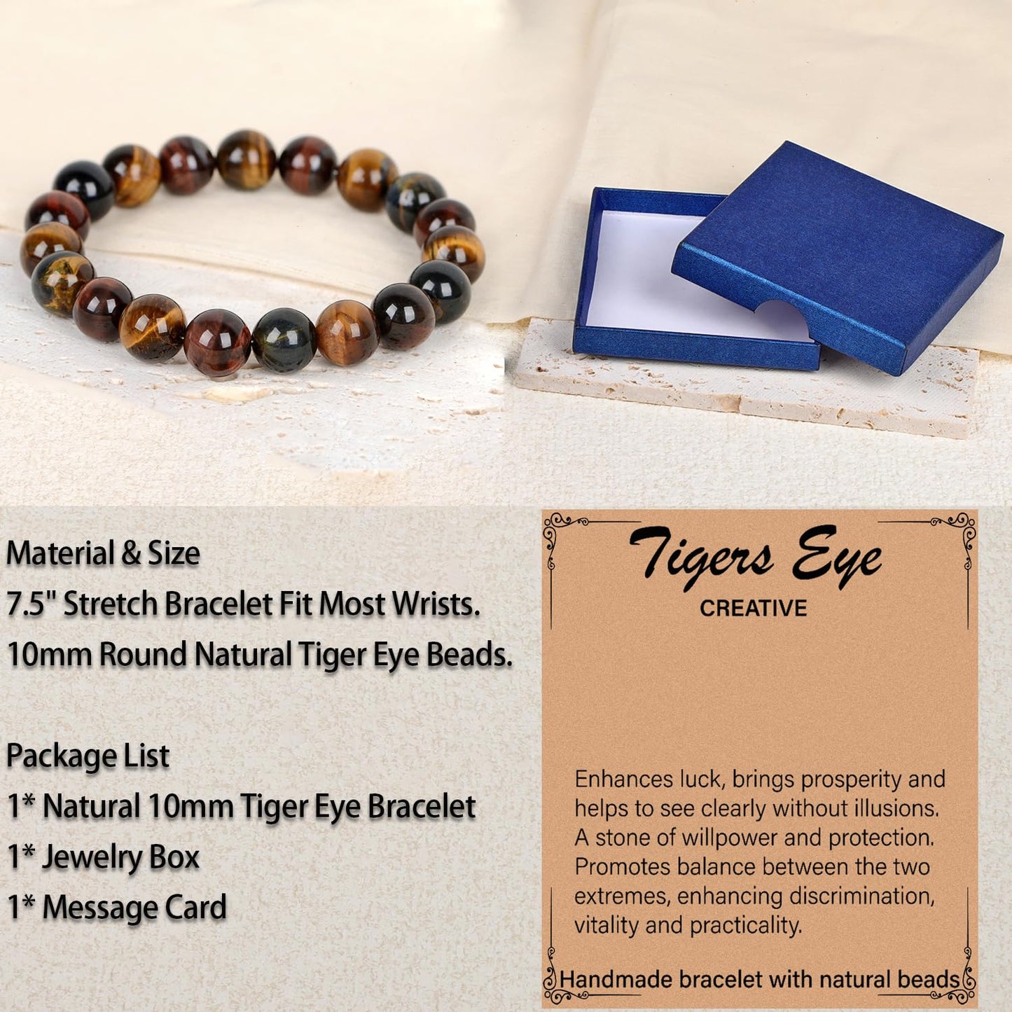 LPBeads Handmade Natural Gemstone Stretch Elastic 10mm Multicolor Tiger's Eye Bracelet Healing Crystal Round Stone Beads Jewelry Gifts for Women Men