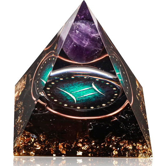 12 Zodiac Orgone Crystal Pyramid, Natural Amethyst with Obsidian,Healing Crystals Pyramid for Protection Chakra, Unique Constellation Pyramid for Positive Energy, Healing Money Health(Gemini)