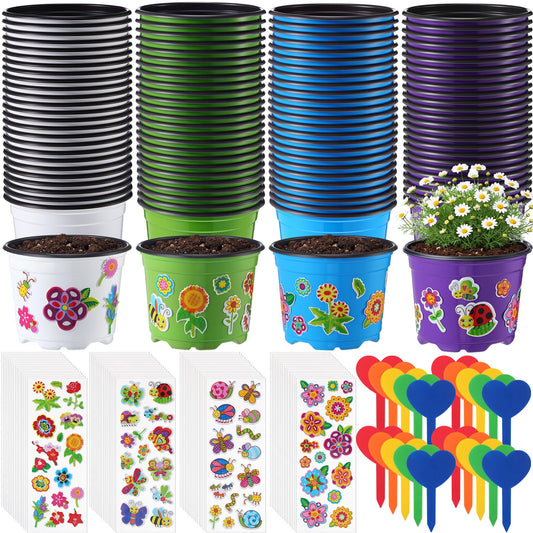 RimCereal 100 Sets Garden Pot Craft Kit, Flower Plant Spring Craft Including Plastic Nursery Plant Pots Labels Tags Stickers for DIY Flower Planting Growing Birthday Arts Kit (Cute)