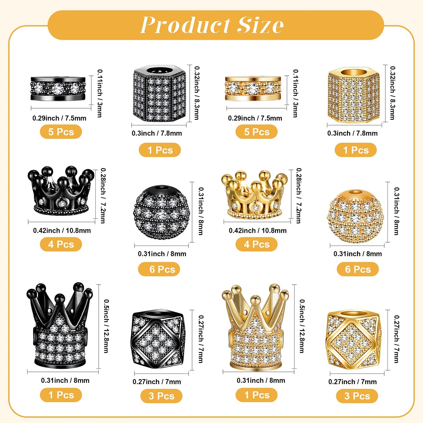 40 Pieces King Crown Charms 8mm Round Rhinestone Beads Hexagon Big Hole Spacer Beads Bracelet Connector for DIY Xmas Jewelry Crafts Making (Black and Gold)