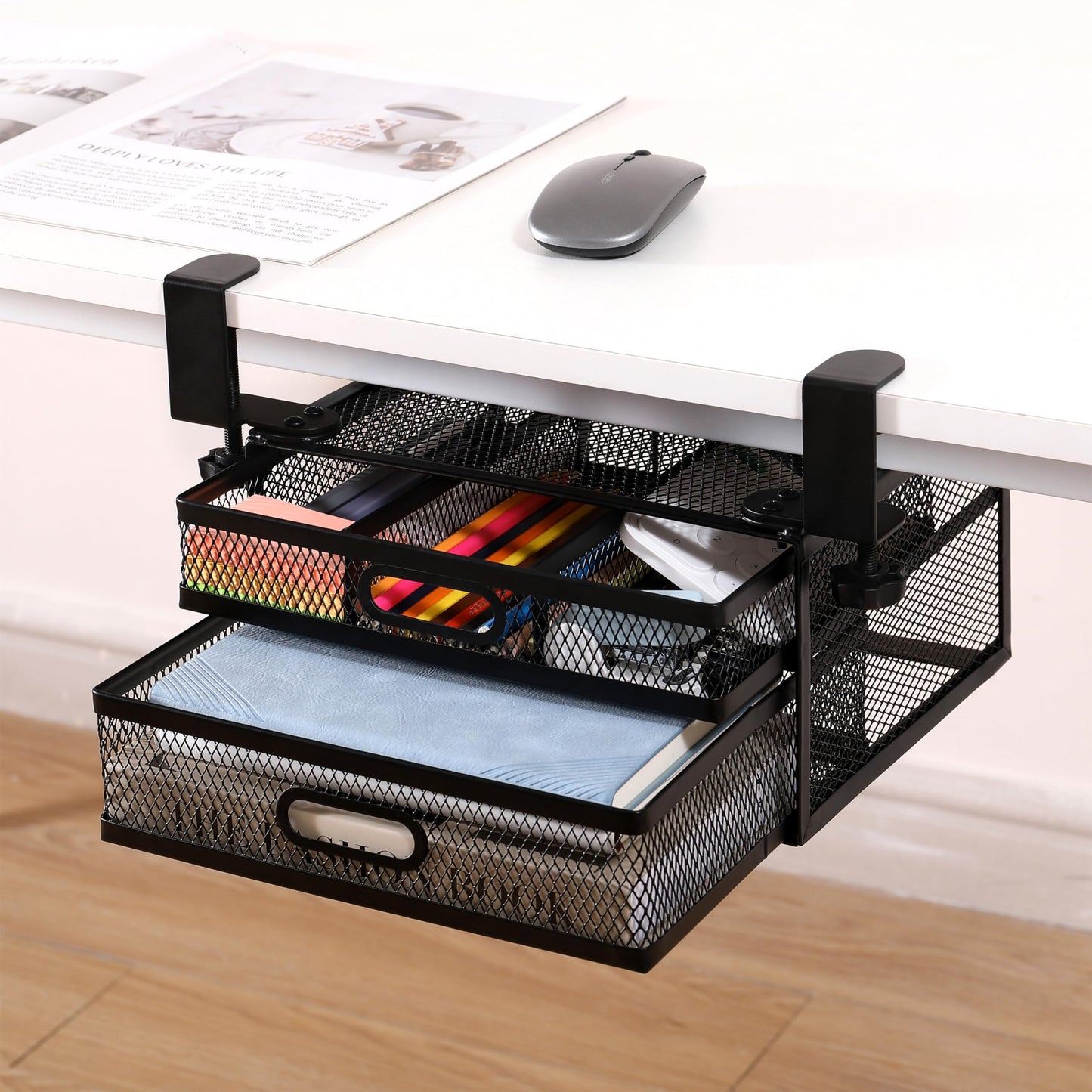 ROLIZOE Sliding Under Desk Drawer Organizer No Drilling 2 Drawers Slide Out Desktop Or Under Table Storage Metal Clamp On Desk Drawer Attachment Anti-Slip Under Desk Organizer for Home & Office