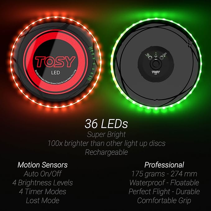 3 of TOSY Frisbee 36 LEDs, Extremely Bright, Smart Modes, Auto Light Up, Rechargeable, Perfect Birthday & Camping Gift for Men/Boys/Teens/Kids, 175g frisbees
