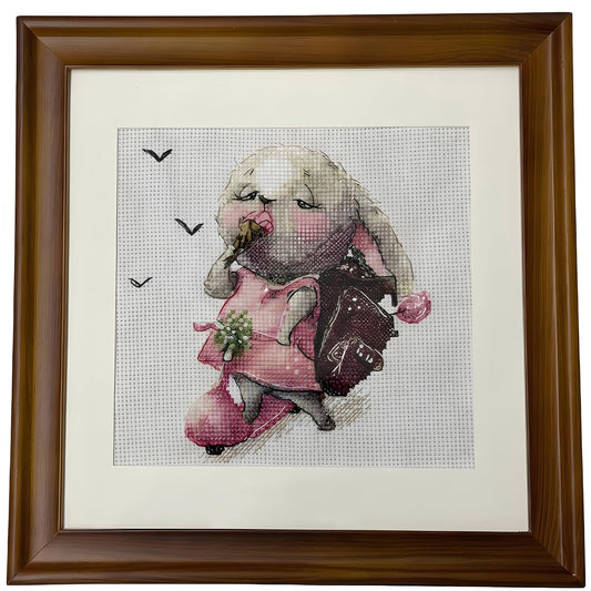 Handmade Cross Stitch Skateboarding Rabbit Wall Art with Solid Wood Frame with Envelope, Greeting Card, 10x10in Framed Pink Bunny Embroidered Nursery Decor, Funny Birthday Gifts for Children