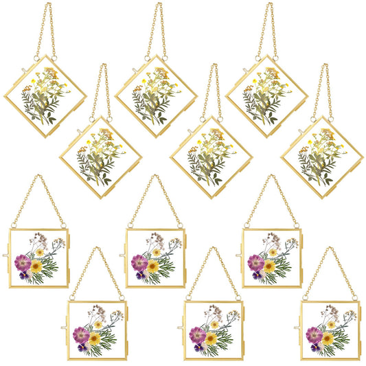 DoubleFill 12 Pcs Hanging Clear Photo Frame Double Glass for Pressed Flower Floating Frame with Chain Display Gallery Artwork Horizontal Vertical Gold Metal Rectangle Wall Decor(3 x 3 Inch)