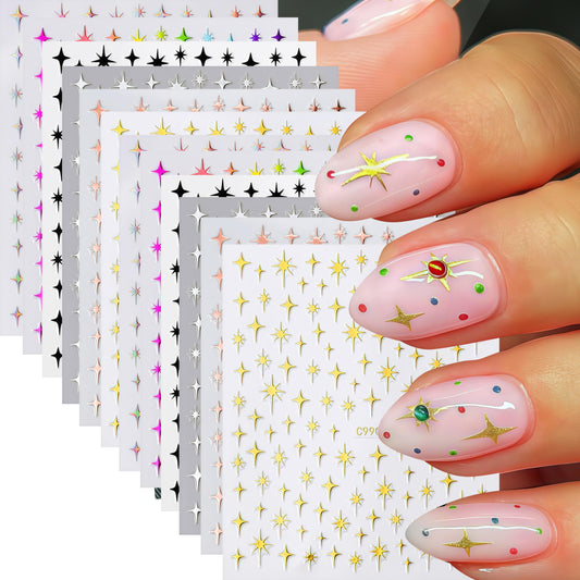 12pcs Star Nail Art Stickers Decals 3D Silver Gold Black Rose Gold Rainbow Pink Six Colors Star Nail Decals Glitter Shiny Star Design Nail Stickers Nail Supplies for Women DIY Manicure Acrylic Decor