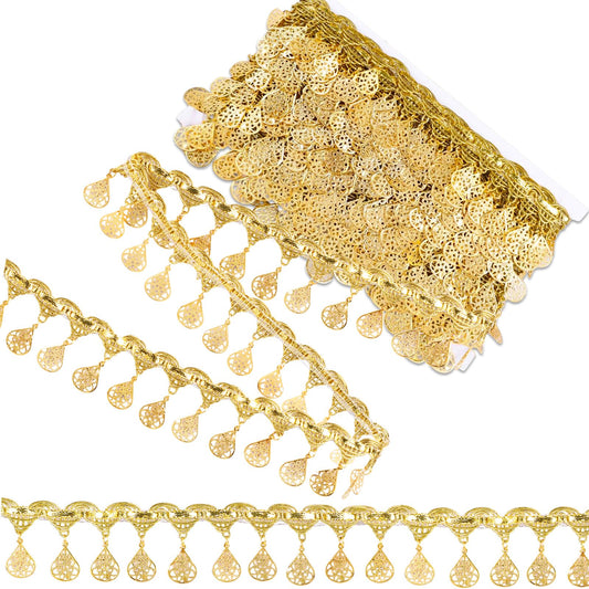 10 Yards Gold Water Droplet Shape Sequin Tassel Trim, 1.57 Inch Width Sequins Lace Tassel Fringe Trim, Sequins Lace Ribbon Fringe for Dance Dress Belt Costume Handbags Decorations Party Accessories