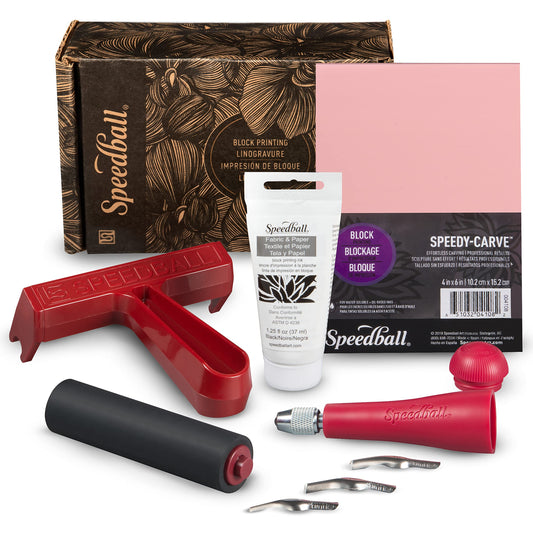 Speedball Block Printing Fabric Starter Kit, 7 Pieces – Includes Ink, Hard Brayer, Lino Handle and Cutters, Speedy-Carve Relief Carving Rubber