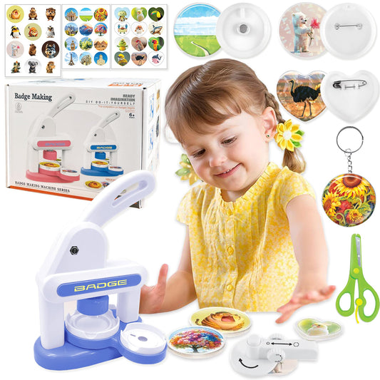BAORUYAO 3in1 Badge Maker Machine for Kids,Capable of Making Fridge Magnets Keychains Brooches Badges with Picture Cutters and Children's Scissors.86pcs Set of DIY Arts & Crafts Gifts for Kids(Blue)