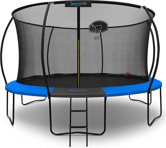 SereneLife 8FT 10FT 12FT 14FT Outdoor Trampoline for Kids and Adults – ASTM Certified Heavy-Duty Backyard Trampoline with Safety Poles, Net Enclosure, and Stable Anti-Rust Frame