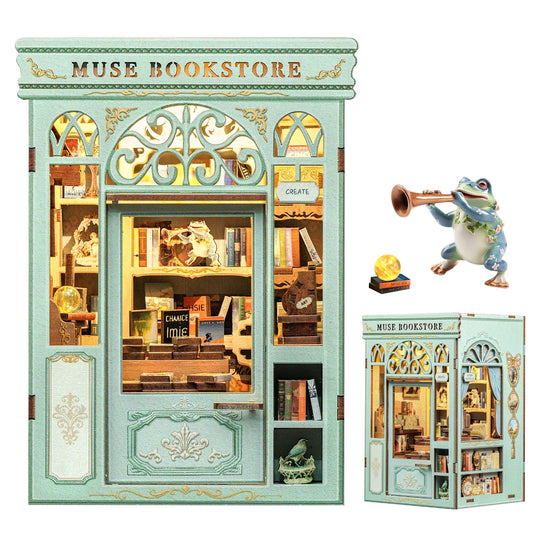 Fsolis Book Nook Kit - DIY Miniature House Kit Bookshelf 3D Wooden Puzzles for Adults Beginners Tiny House Mini Booknook Bookshop Gifts for Women Book Lovers (Muse Bookstore)