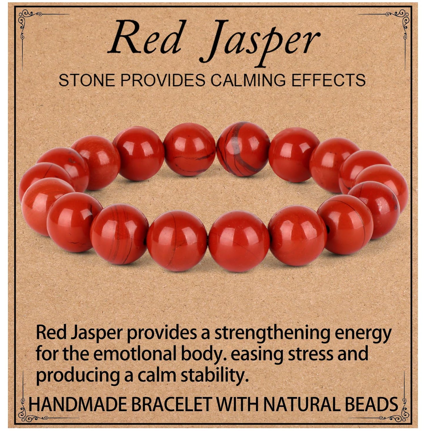 LPBeads Handmade Natural Gemstone Stretch Elastic 10mm Red Jasper Bracelet Healing Crystal Round Stone Beads Jewelry Gifts for Women Men