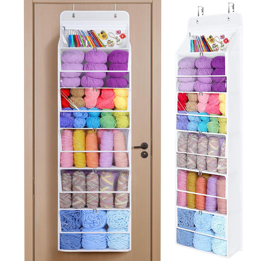 Univivi Hanging Yarn Storage Organizer with 6 Zipper Closure Compartments, Large Capacity Knitting Organizer Storage, Over the Door Hanging Yarn Holder for Knitting Needles, Crochet Hooks(Clear White)