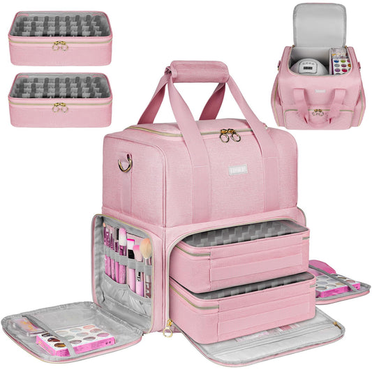 Nail Polish Organizer Holds 80 Bottles and a Nail Lamp,Nail Polish Carrying Case with 2 Removable Bags,Nail Organizers and Storage for Nail Tech,Portable Nail Polish Holder for Nail Supplies,Pink