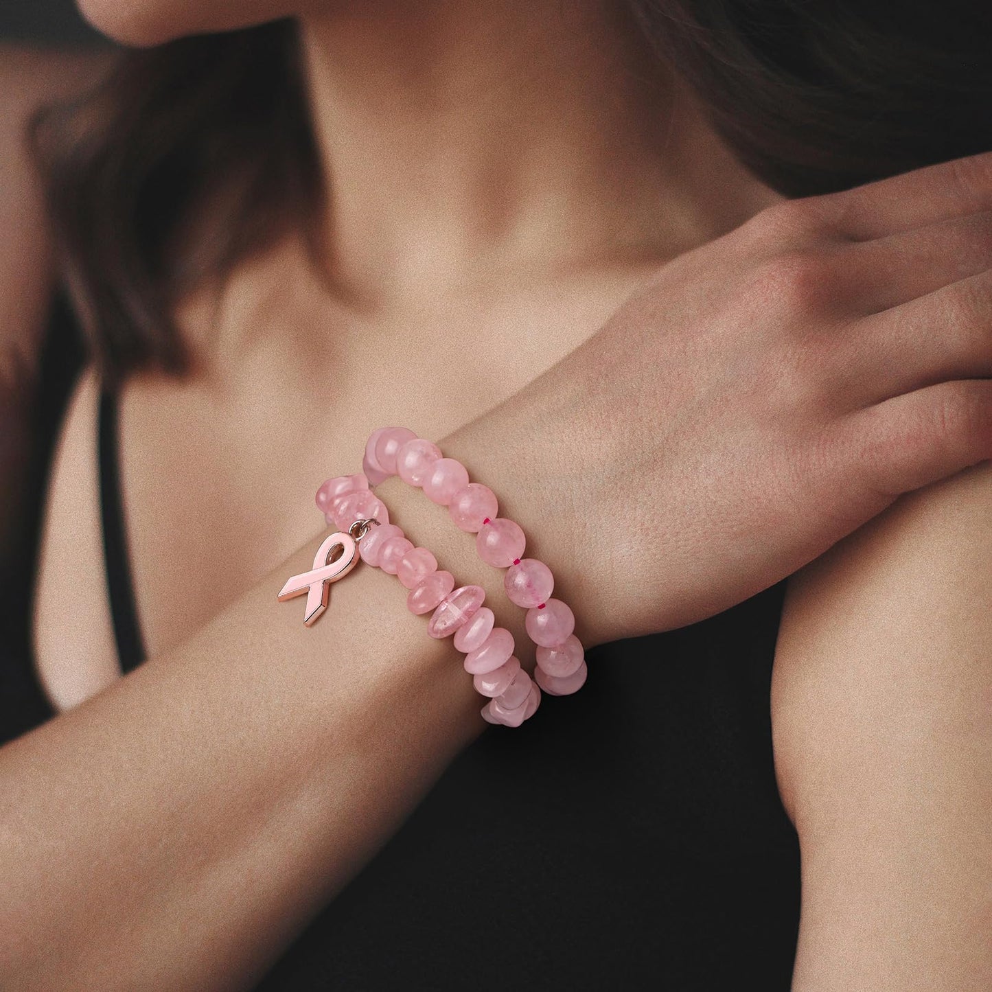 GolbalJew Breast Cancer Awareness Bracelets for Women Pink Ribbon Charm Rose Quartz Beads Bracelet Natural Stone Breast Cancer Encouragement Jewelry Gifts