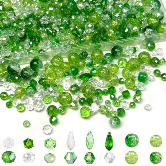 1000Pcs Glass Crystal Beads for Jewelry Making Green Crystal Beads for Bracelet Craft Plant Necklace Earring Making Assorted Color 5 Style/Crackle Round/Briolette Faceted/Bicone/Cube/Waterdrop/ 5 Size
