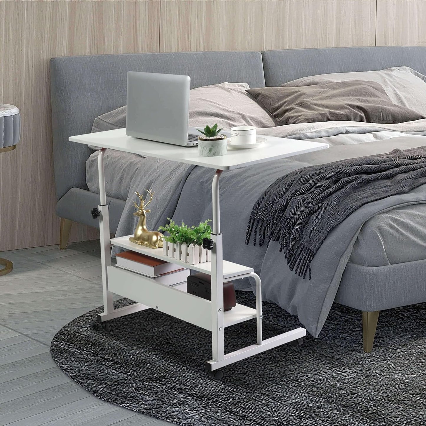 Adjustable Table Student Computer Portable Home Office Furniture Small Spaces Sofa Bedroom Bedside Desk Learn Play Game Desk on Wheels Movable with Storage Table Size 31.5 * 15.7 Inch,White D