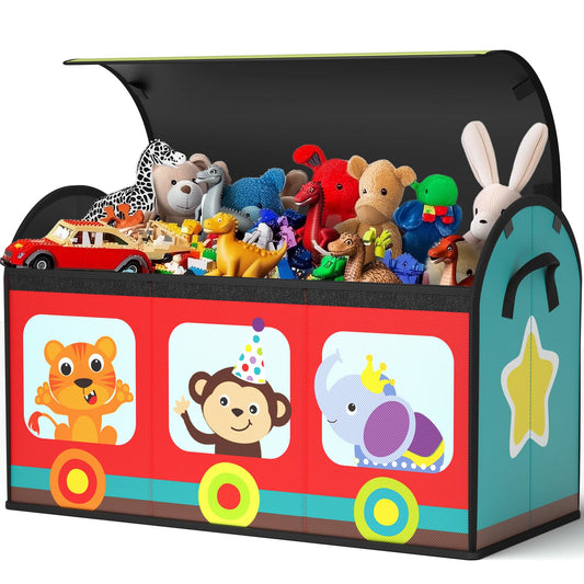 YOHOOLYO Toy Storage Organizer for Kids, 28.3x12.6x17.3 Large Sturdy Flip-Top Toy Box with Fabric Lid & Handles, Cute Train Design Toy Chest Bin Box Baskets for Playroom, Nursery, Boys, Girls
