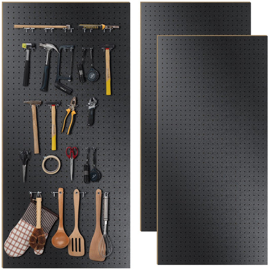 2 Pcs Wood Pegboard High Density Fiberboard 24 x 48 Inches Wall Mount Display Black Pegboard with Mounting Hardware Round Hole Peg Boards for Walls, Garage Craft Room Workshop Organizers and Storage