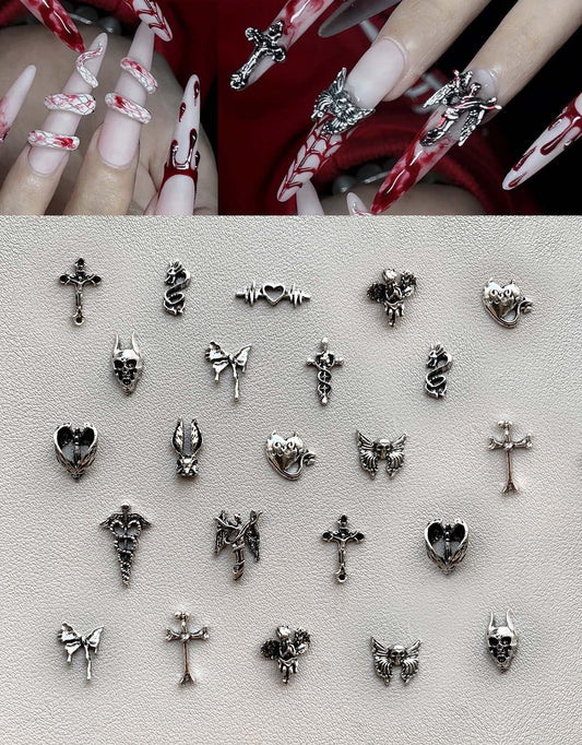 130pcs 3D Silver Goth Nail Charms Y2K Chrome Nails Art & DIY Punk Bracelet Accessories, Vintage Alloy Cross Butterfly Heart Skull Acrylic Charm for Women Nails, Metal Necklace Supplies