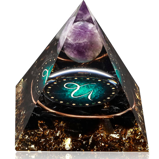 12 Zodiac Orgone Crystal Pyramid, Natural Amethyst with Obsidian,Healing Crystals Pyramid for Protection Chakra, Unique Constellation Pyramid for Positive Energy, Healing Money Health(Capricorn)