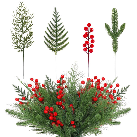 Gitechft 50 PCS Artificial Pine Branches Fake Greenery Pine Picks Artificial Red Berry Stems,Xmas Stems,Christmas Pine Needles for Wreath Decorations