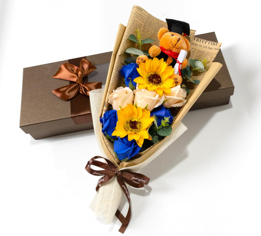 Ansuma 13" Graduation Rose Sunflower Scented Soap Flower Bouquet Mini Plush Graduate Teddy Bear with Grad Cap Floral Arrangements Gift Box for Graduation Party Favors Supplies (Blue)