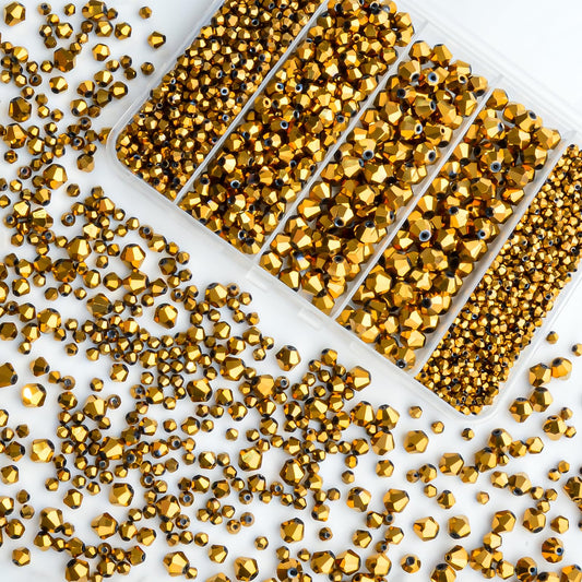 1550PCS Bicone Crystal Glass Beads Set for Jewelry Making, 3mm 4mm 6mm 8mm Sparkling Faceted Beads Sorted by Size for Bracelets, Necklaces, Suncatchers & DIY Crafts(Coffee Gold)