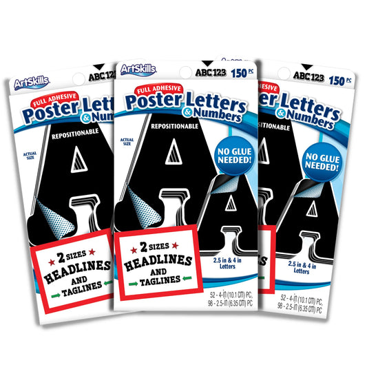 ArtSkills Paper Poster Letters and Numbers for Projects and Crafts, 4" and 2.5", Black, 150 Pieces - Multiple Sheets Per Letter Pad - Pack of 3 (3 Count)