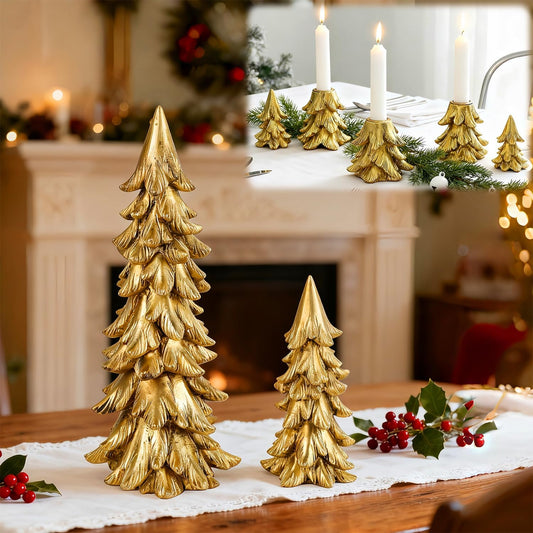 Regine Switzerland Vintage Christmas Table Decorations - Golden Resin Tree Candle Holders Set | Holiday Centerpieces for Dining Room & Mantle