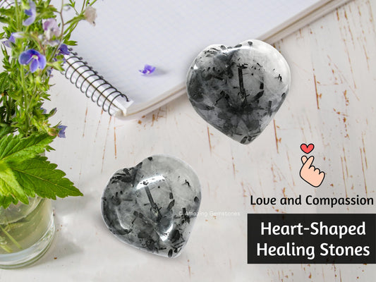 Amazing Gemstone Black Rutilated Quartz Crystal Heart Palm Stone - Pocket Massage Worry Stone for Natural Body Chakra Balancing, Reiki Healing and Crystal Grid