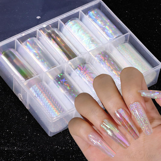10 Rolls Aurora Nail Foil Clear Laser Glass Fragment Nail Transfer Nails Art Holographic Nails Foils Design Stickers Decals Design for Nails Manicure DIY Nails Decoration (10 Rolls Aurora-3)