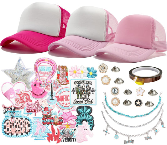 HEYTRCO Pink Western Trucker Hat DIY Kit, 3 Pink Mesh Foam Hats, 25 Patches, 3 Chains, 6 Pins, Heat-Resistant Tape for Custom Cowgirl Hats, Girls DIY Craft Set