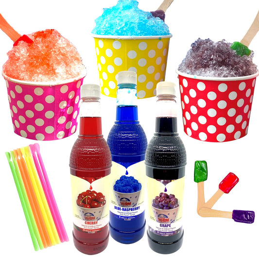 Concession Essentials 115 Piece Snow Cone/Shaved Ice Kit with 75 Ounces of Syrup, Cups, Neon Straws and Bonus Candy Spoons
