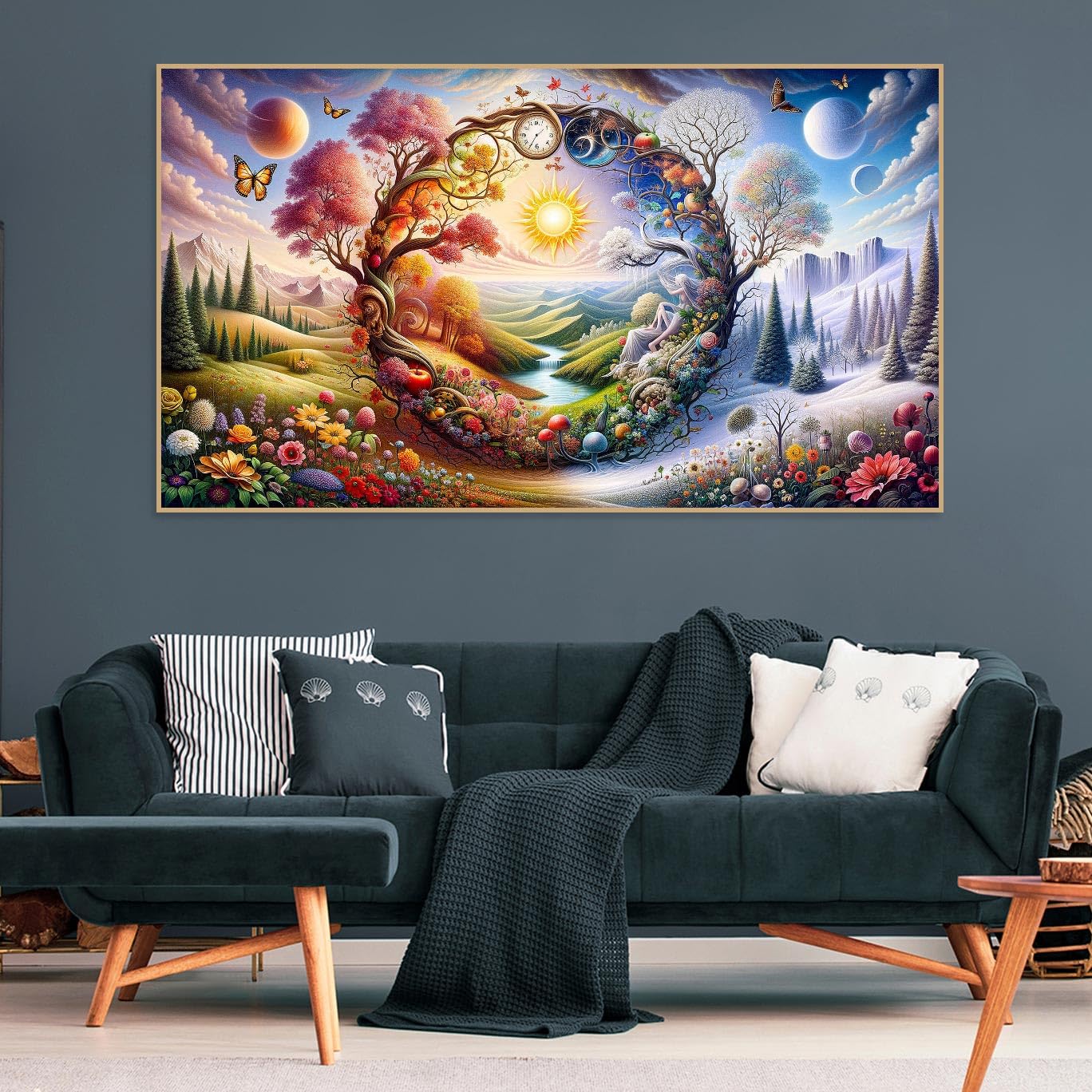 5D Large Diamond Art Painting,Four Season Diamond Art Kits for Adults,DIY Full Drill Crystal Rhinestone Arts and Crafts,Butterfly Flowers Art Painting with Diamond Home Wall Decor 27.5 X 15.7inch