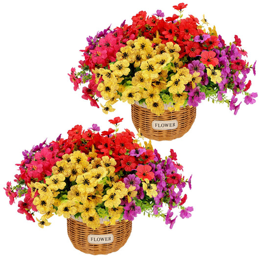 Geegoods Artificial Flower Arrangements for Tables, Fake Potted Mums Silk Flowers with 2 Rattan Baskets for Home Dining Bedroom Office Farmhouse Decor