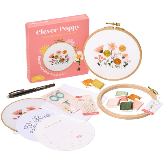 Clever Poppy Sunset Meadow Beginner Embroidery Kit – Easy Embroidery Kit for Beginners with Hoop, Thread & Patterns – Hand Embroidery Kit for Adults and Teens – Complete Embroidery Starter Kit