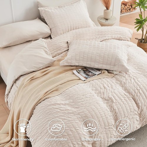 HYMOKEGE California King Comforter Set - 7-Piece Seersucker Luxury Bedding in Beige for All Seasons